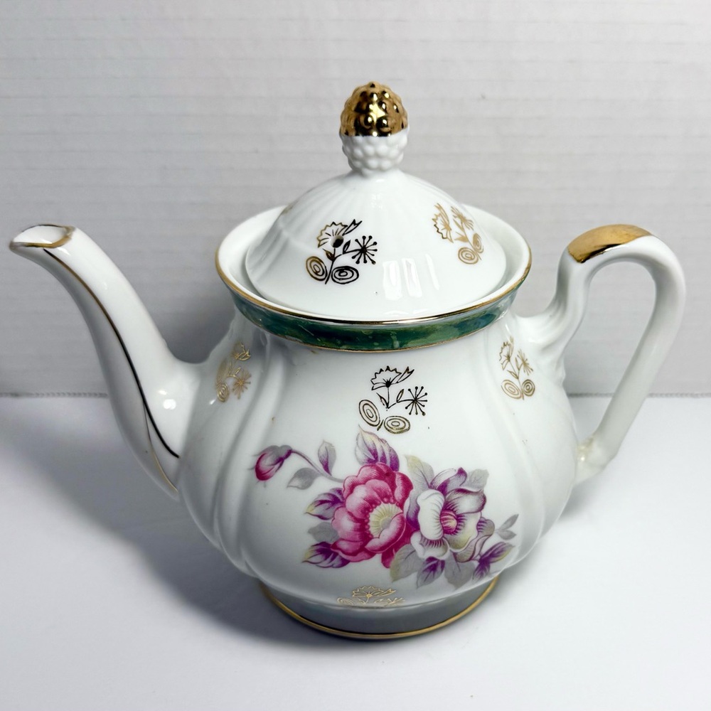Vintage White Porcelain Japanese Teapot Pink Floral Art Gold Turquoise Accents